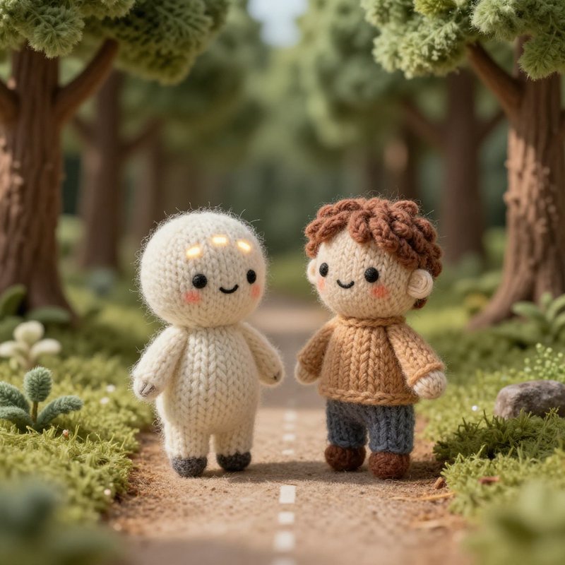 Two handmade knitted amigurumi dolls stand together on a forest path.