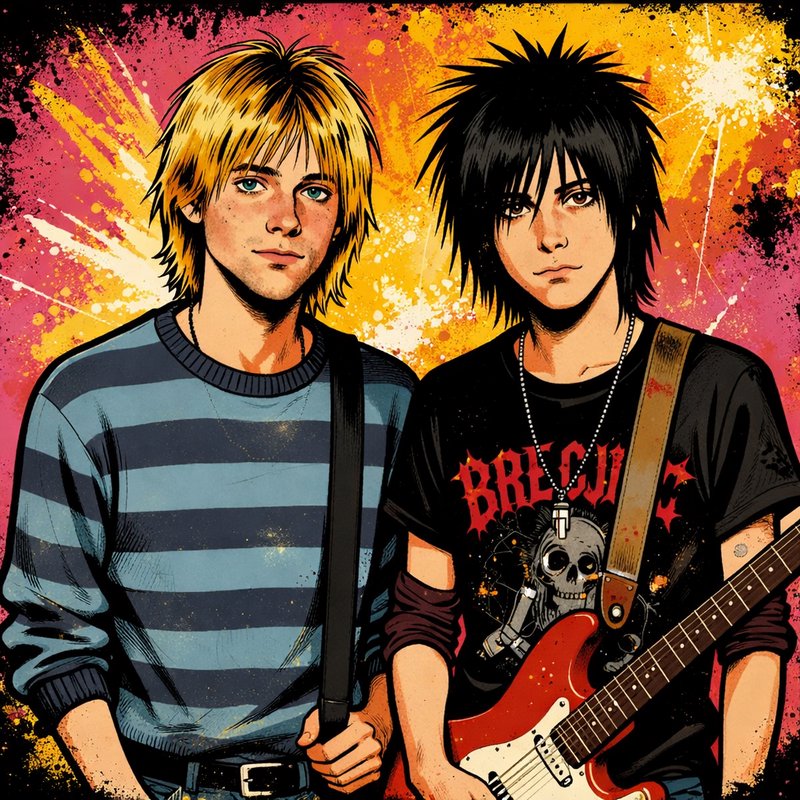 Two young rock musicians with guitars against a vibrant paint-splatter background.