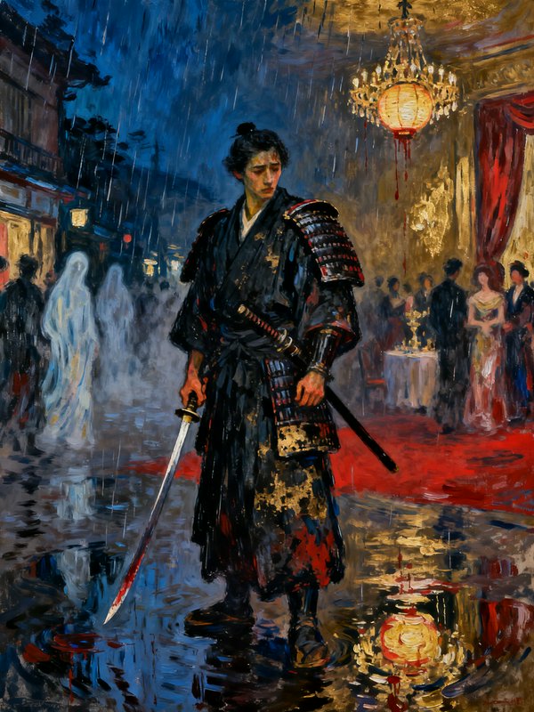 Samurai in black armor stands in rain-soaked street with sword, reflecting puddles and a chandeli...