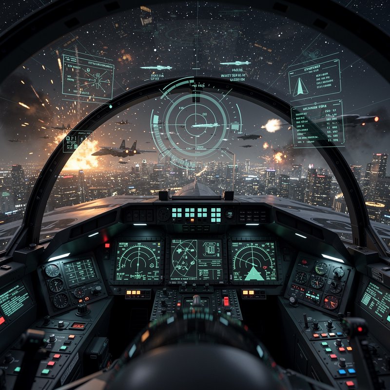 Futuristic fighter jet cockpit view over a neon-lit city with holographic HUD displays.