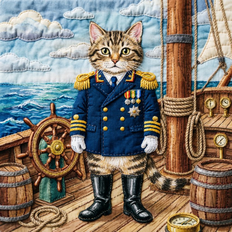 Cat wearing a navy officer uniform on a ship deck with helm and ropes.