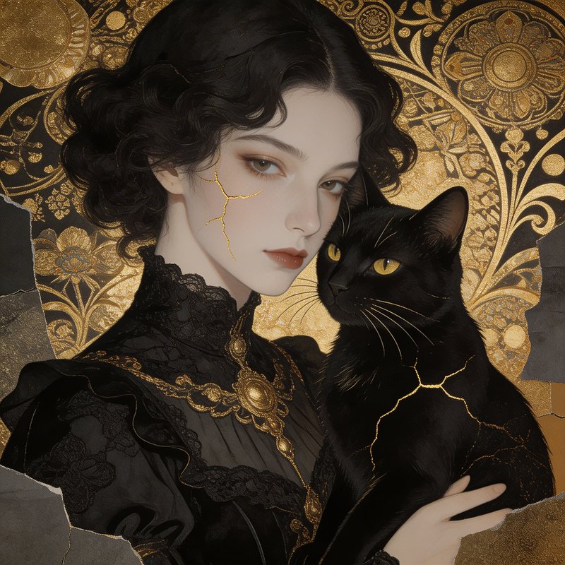 Portrait of a pale woman in black lace with gold cracks on the skin, holding a black cat before a...