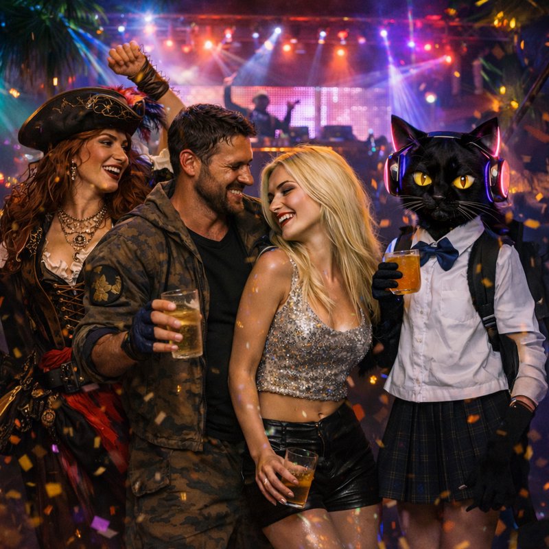 Group of partygoers in costumes at a club with confetti and colorful lights, raising drinks.