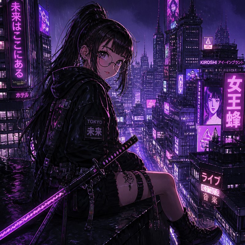 A dark-haired girl with glasses sits on a rooftop in a neon-lit cyberpunk city, gripping a purple...
