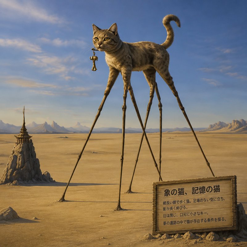 Surreal Dali-inspired tabby cat with impossibly long thin legs stands in a vast sunlit desert, ho...
