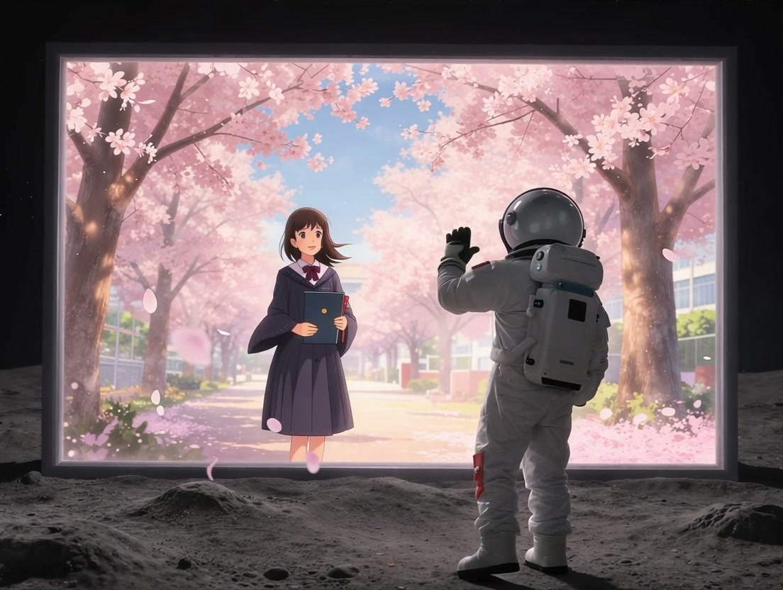 Astronaut in a spacesuit waves to a schoolgirl inside a cherry-blossom framed anime scene.