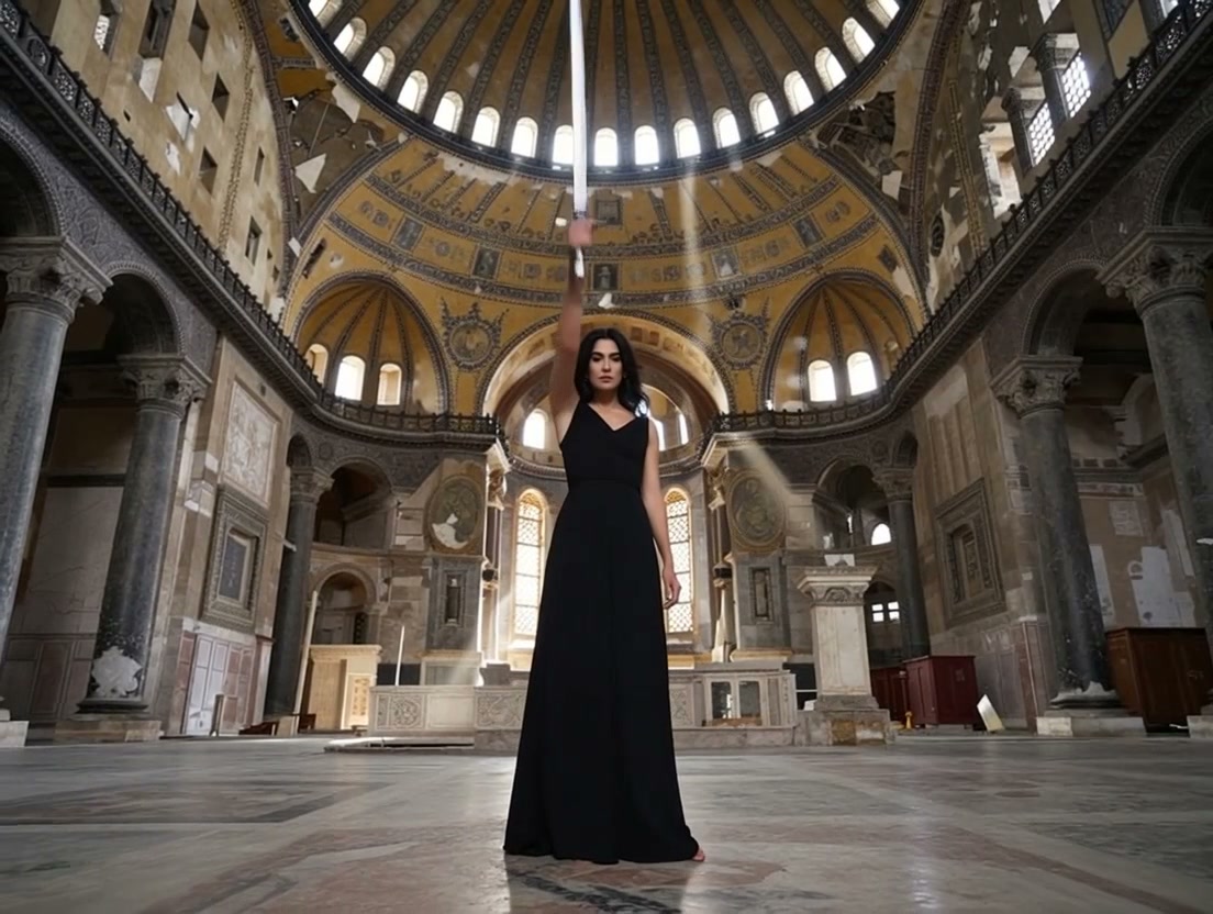 Woman in a long black dress raises a staff inside an ornate domed cathedral.