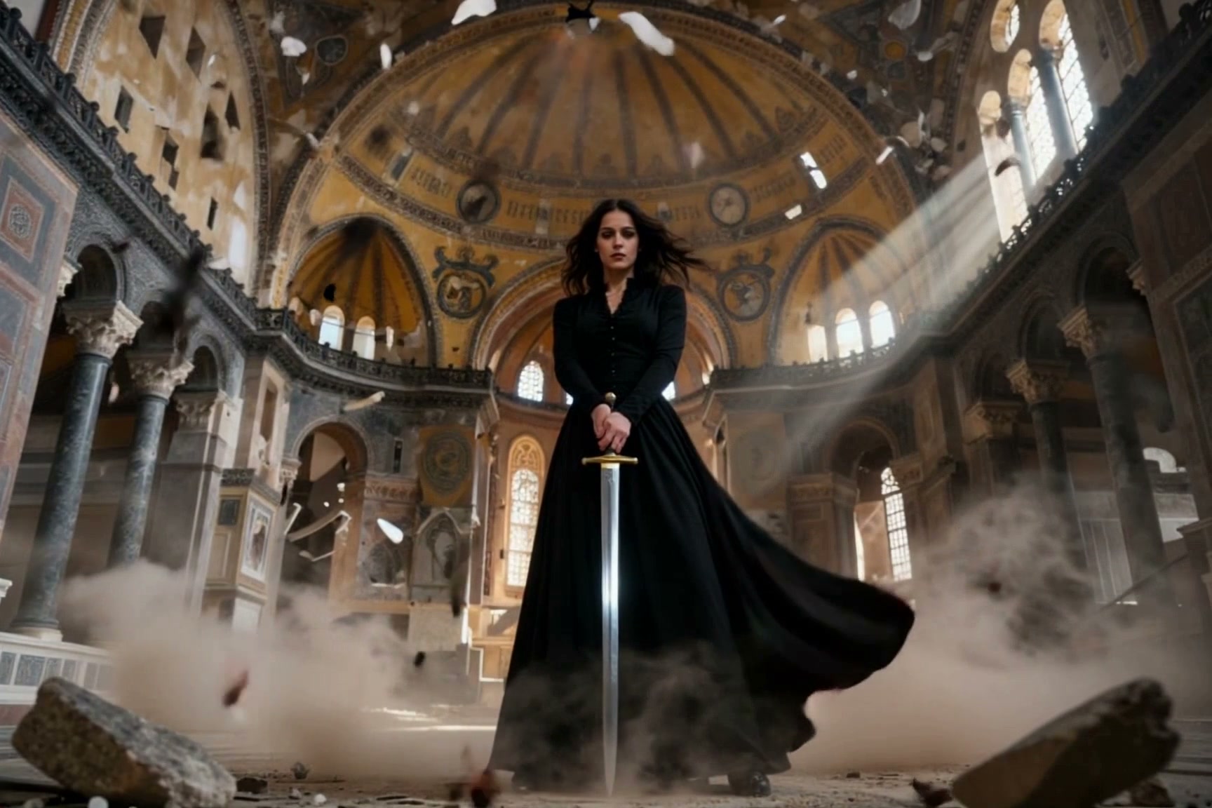 Woman in a black gown stands with a sword in a ruined cathedral, dust and sunlight beams around.