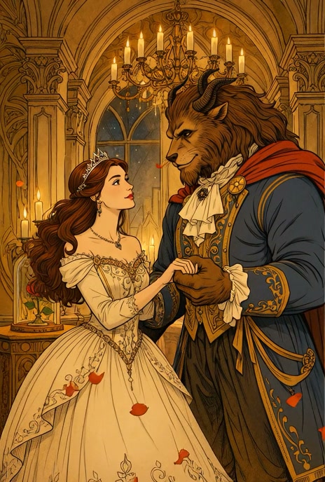 Beauty-and-the-Beast style princess in an ivory gown dancing with a noble beast in a grand, candl...