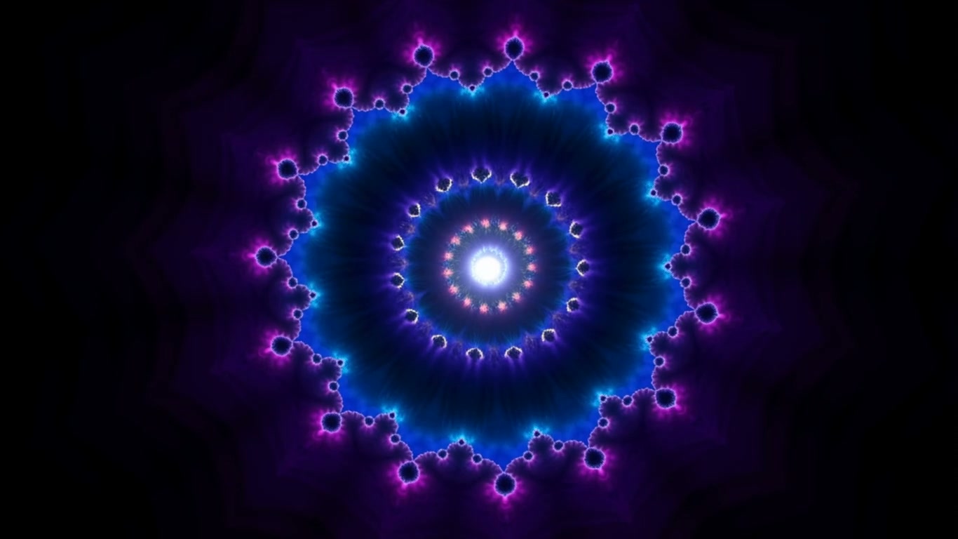 Circular neon fractal pattern with blue center and purple glow on a dark background