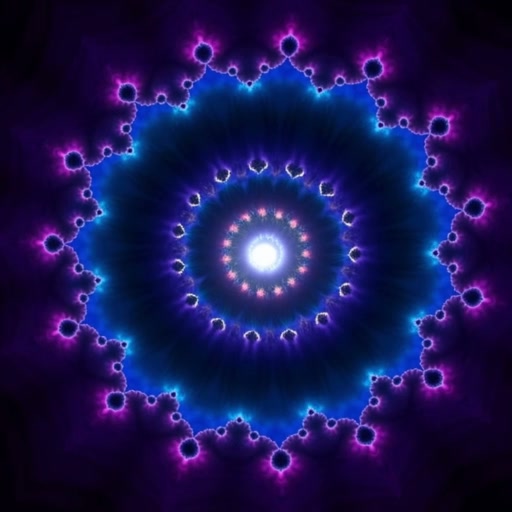 Colorful electric spiral fractal with glowing blue center and purple accents