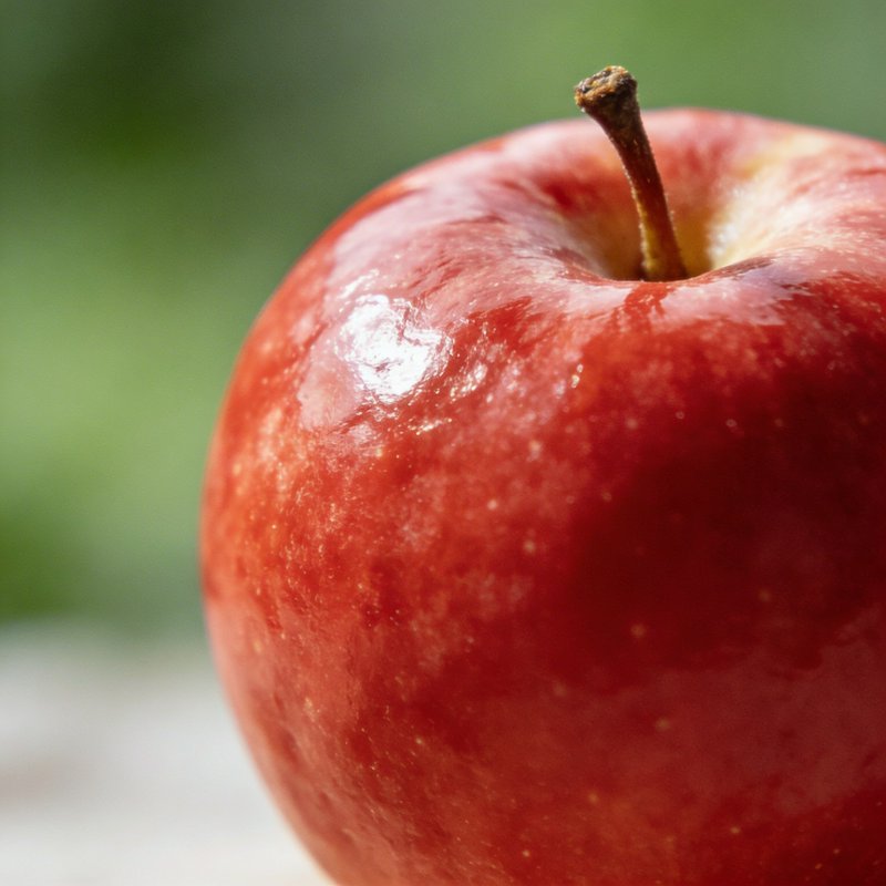Close-up of a glossy red apple with a brown stem.