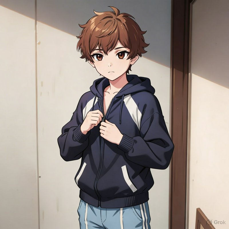 Anime-style young boy with brown hair in a navy hoodie and light-blue track pants.