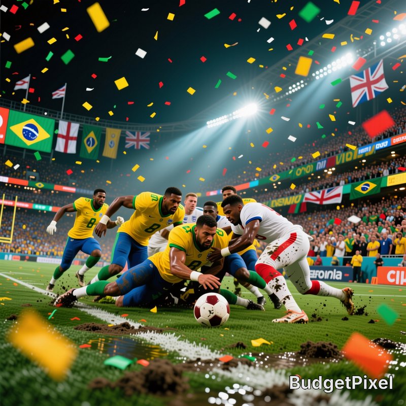 Soccer players in yellow battle for the ball on a lit stadium field amid confetti.