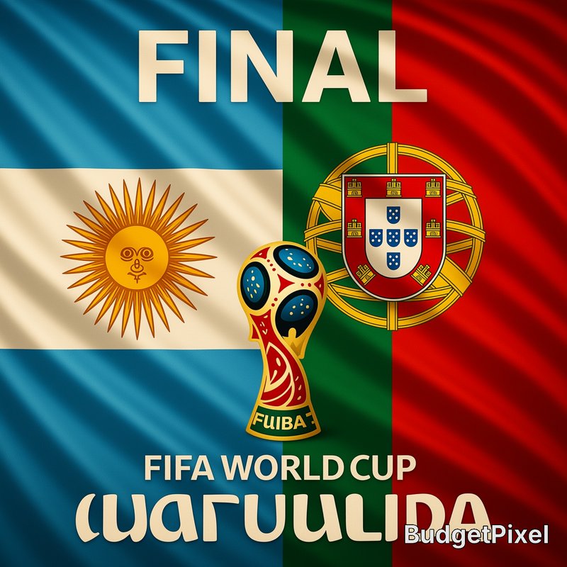 FIFA World Cup final poster with Argentina and Portugal flags and trophy centerpiece