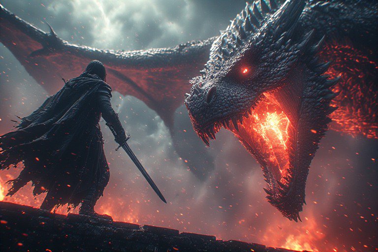 A lone cloaked warrior with a sword faces a towering dragon breathing fire in a volcanic, smoky b...