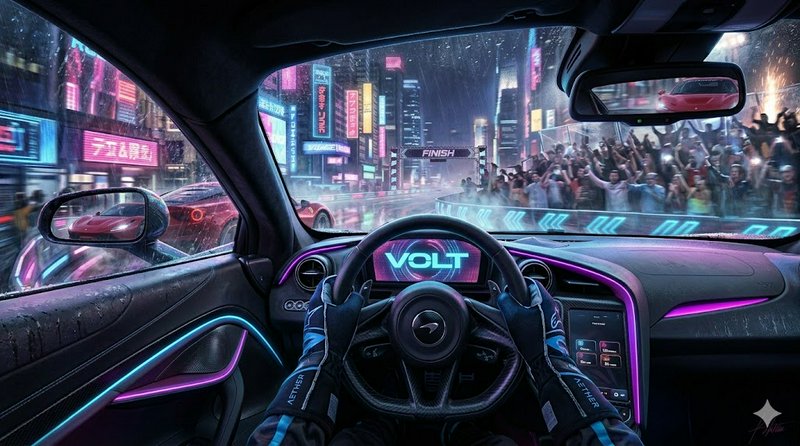 First-person view from a neon-lit futuristic race car cockpit racing through a cyberpunk city.