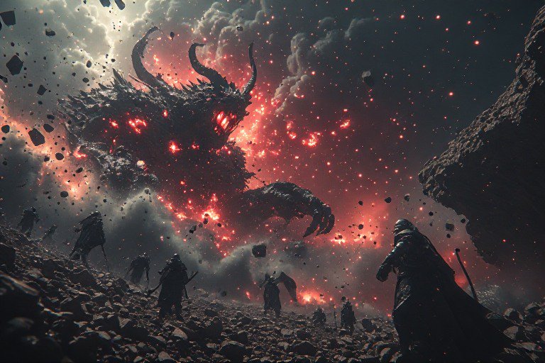 Dark volcanic battlefield with a colossal fiery demon and cloaked warriors amid glowing embers.