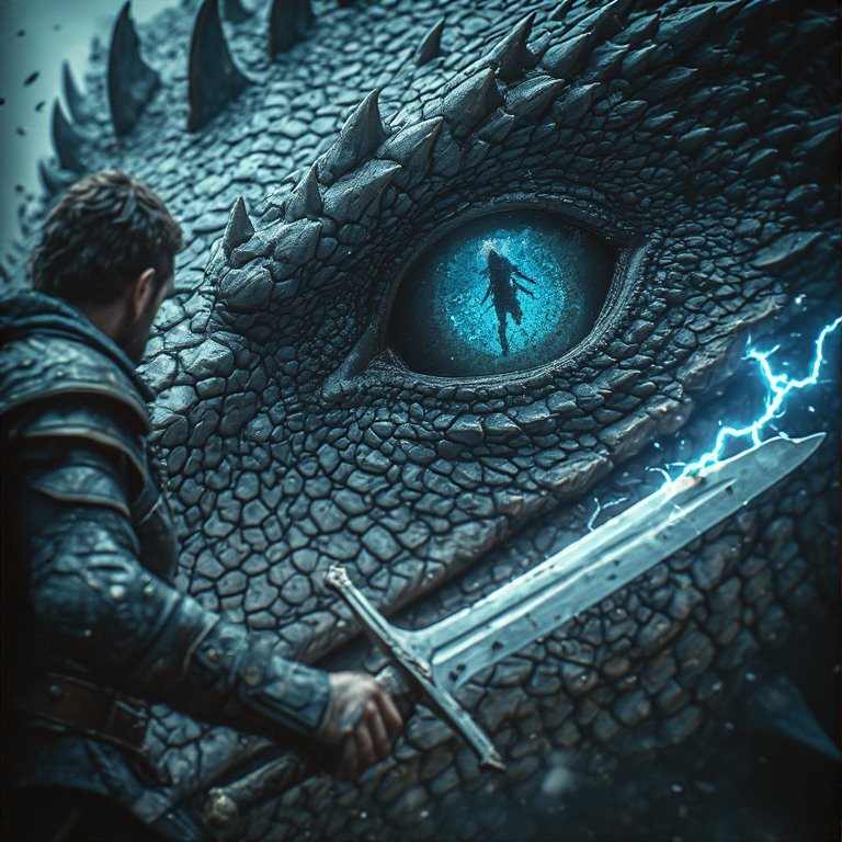 Knight with sword confronting a colossal dragon, close-up on the dragon’s glowing blue eye.