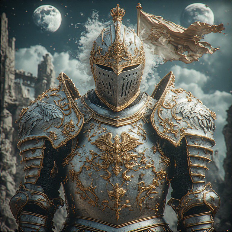 Ornate armored knight with gilded filigree, crown-like helmet, and tattered banner in a moonlit r...