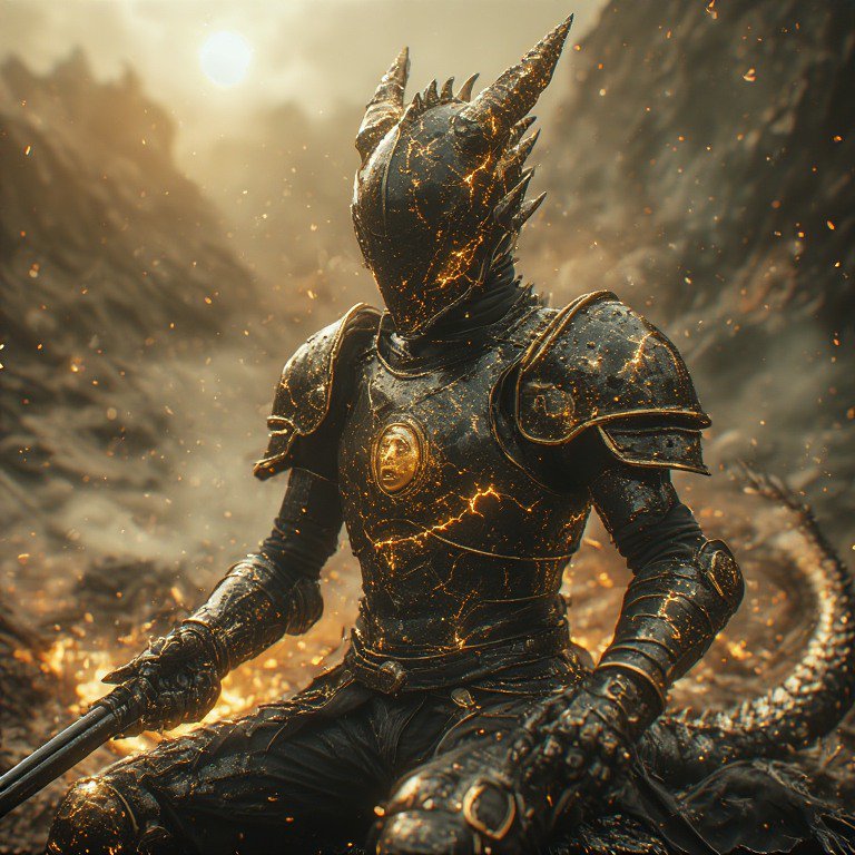 Dark armored knight with molten lava cracks, ornate helmet, and sword in a fiery battlefield.