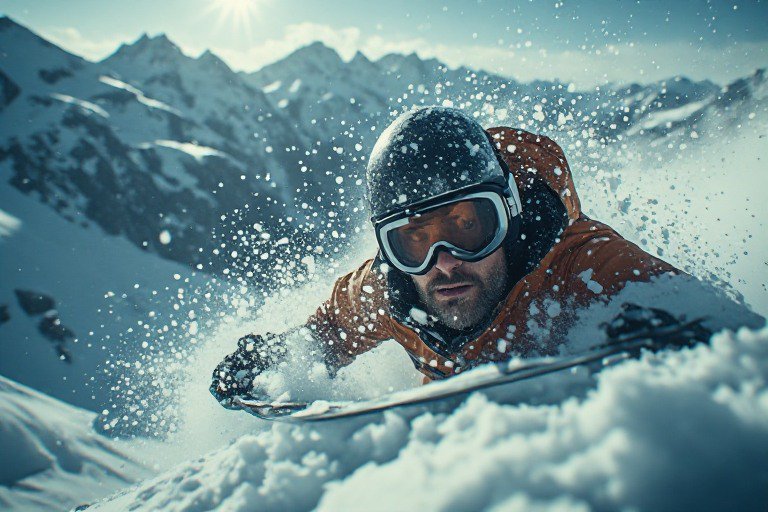 A male snowboarder carves deep powder snow on a mountain slope, kicking up snowflakes, with rugge...