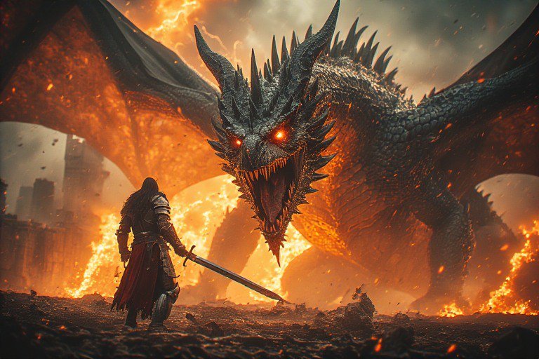 "Armed medieval warrior faces a massive spiked red-eyed fire dragon in a burning, ruined apocalyp...