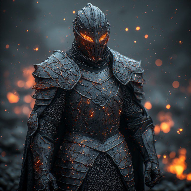 Menacing dark fantasy knight in cracked obsidian armor glowing with embers, fiery orange eyes, su...