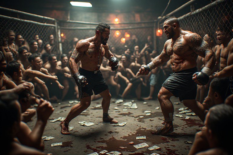 Underground chain-link cage fight: two muscular bloodied