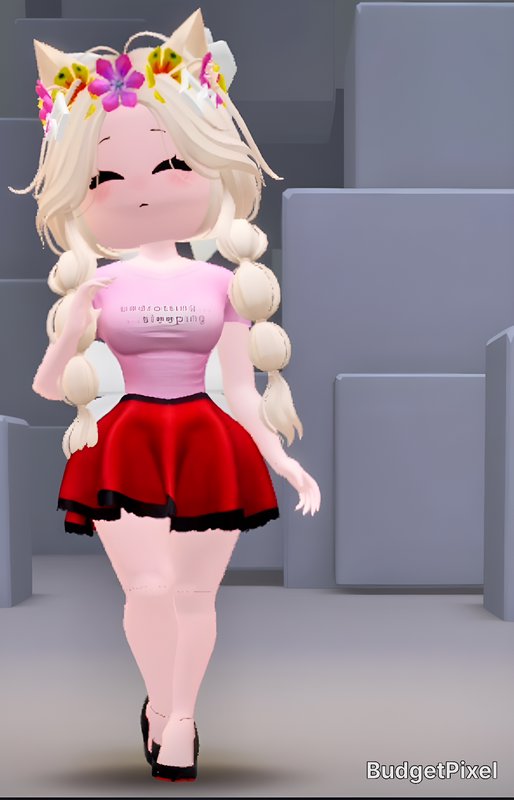 Cartoon avatar with cat ears, flower crown, pink top, and red skirt walking in a 3D city backdrop