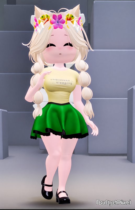 3D anime-style avatar with long blonde braids, flower crown, green skirt, and beige top in a modern gray setting.