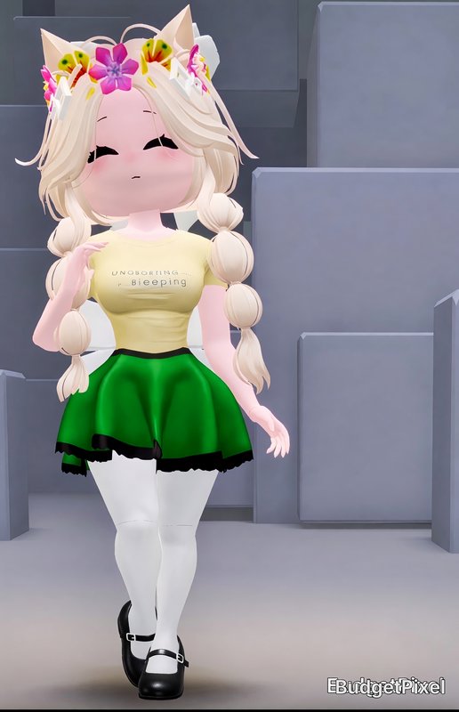 3D anime-style avatar with flower crown, blonde braids, green skirt, white tights, and black Mary Jane shoes.