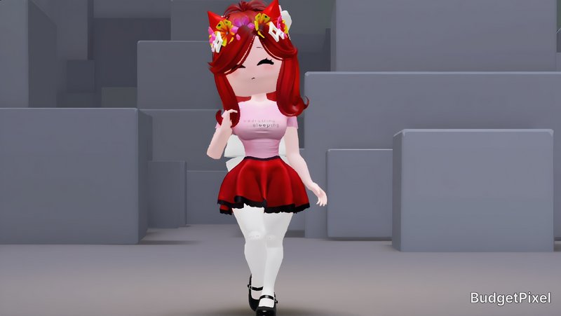 3D anime-style girl with red hair, flower crown, pink top, red skirt in a gray blocky scene.