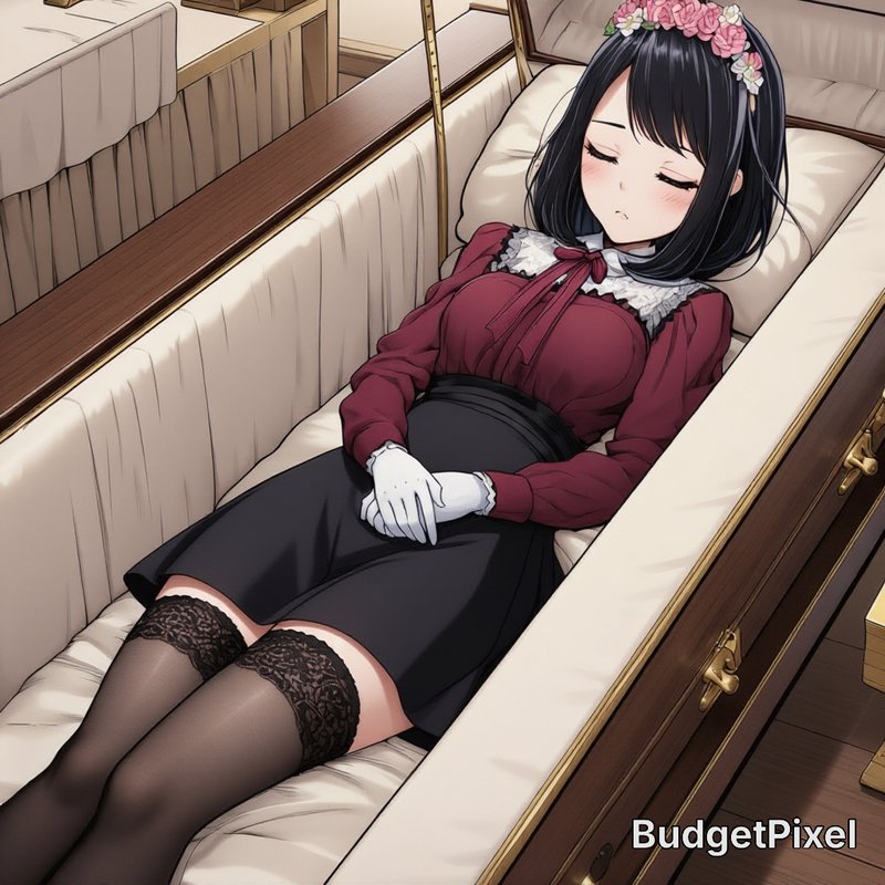 Anime young woman with pink flower crown rests peacefully with closed eyes inside a cream-lined w...