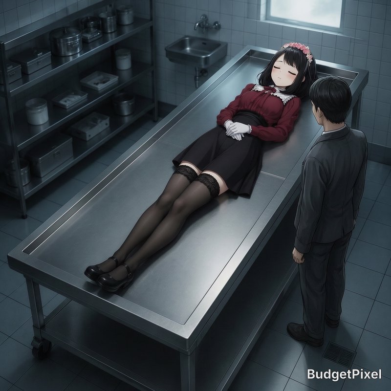 Anime style scene of a young woman lying on a stainless steel morgue table, a man standing beside...