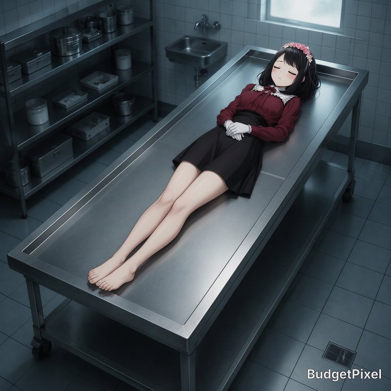 Anime girl with pink flower headband lies peacefully on a stainless steel morgue exam table in a ...
