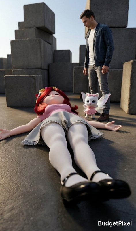 Low angle 3D render: red-haired animated girl lies outstretched on pavement, a man and tiny winge...