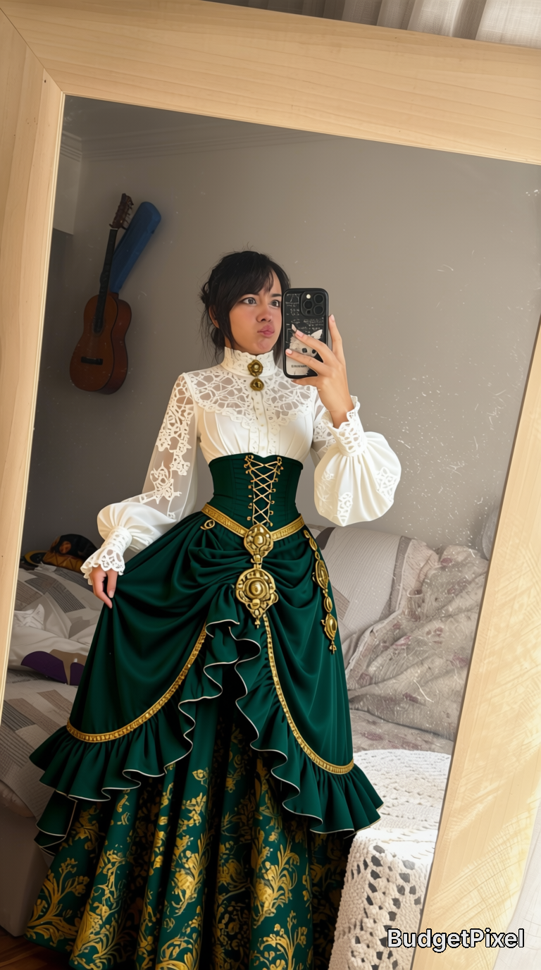 Person in a green and white Victorian-inspired ball gown with lace bodice posing in a mirror selfie.