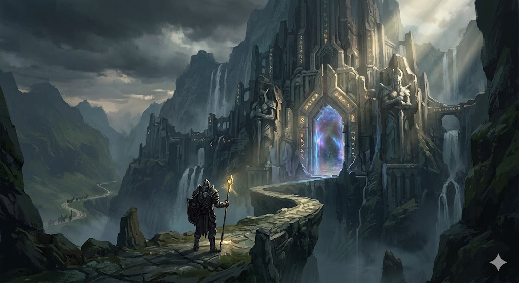 Armored traveler with a staff gazing at a glowing portal inside a towering fantasy fortress.