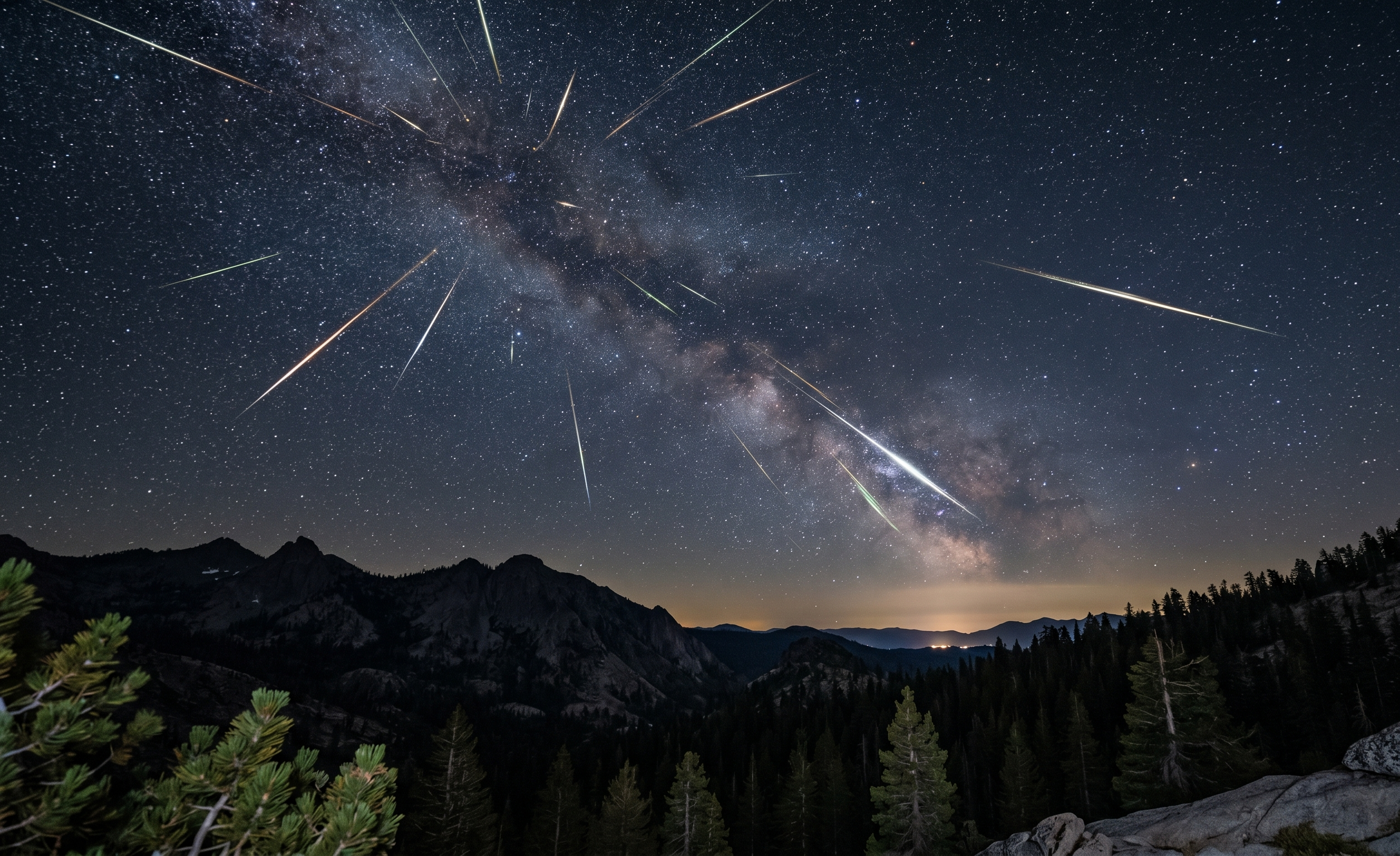 Night sky with Milky Way and meteors over a forested mountain landscape.