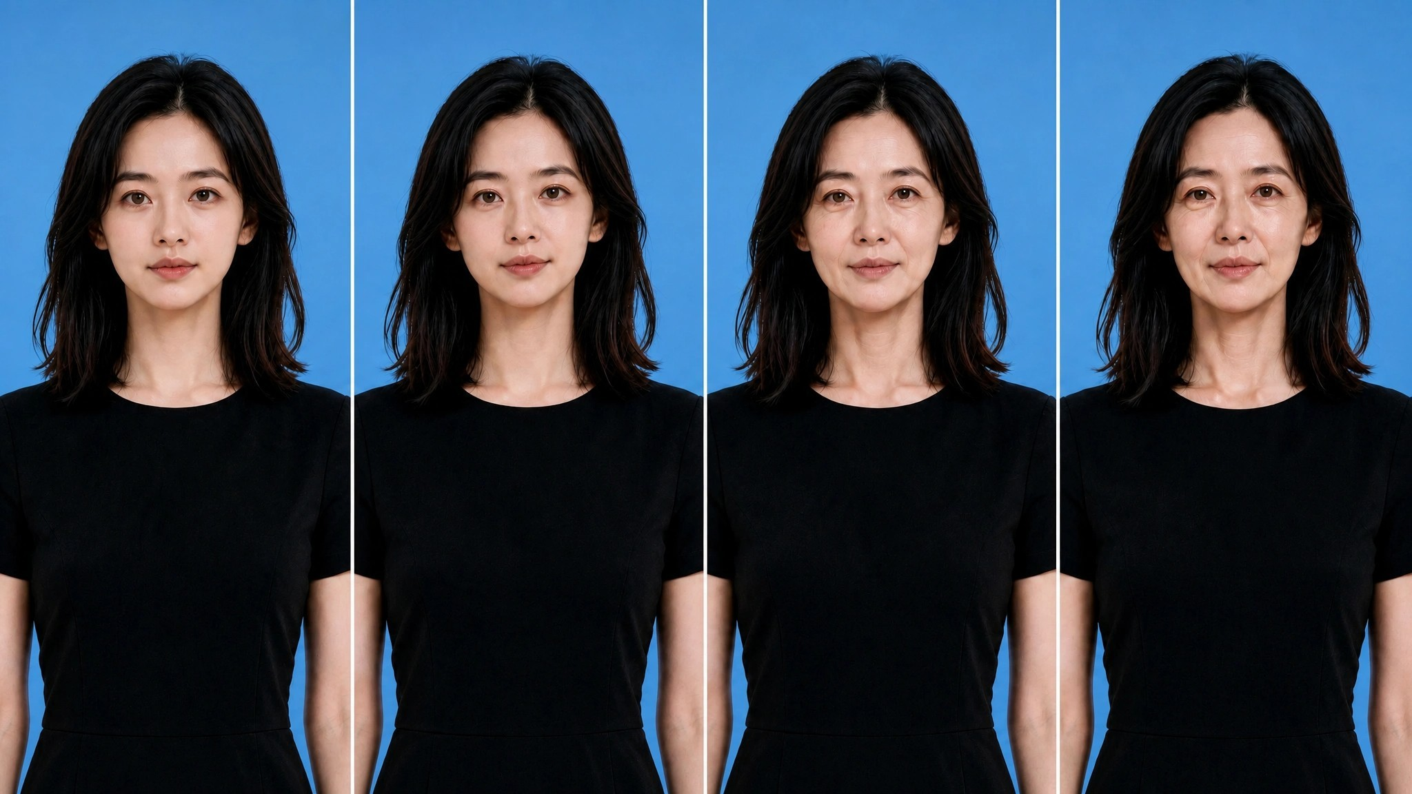 Four side-by-side studio portraits showing gradual facial aging of an East Asian woman against a bright blue background