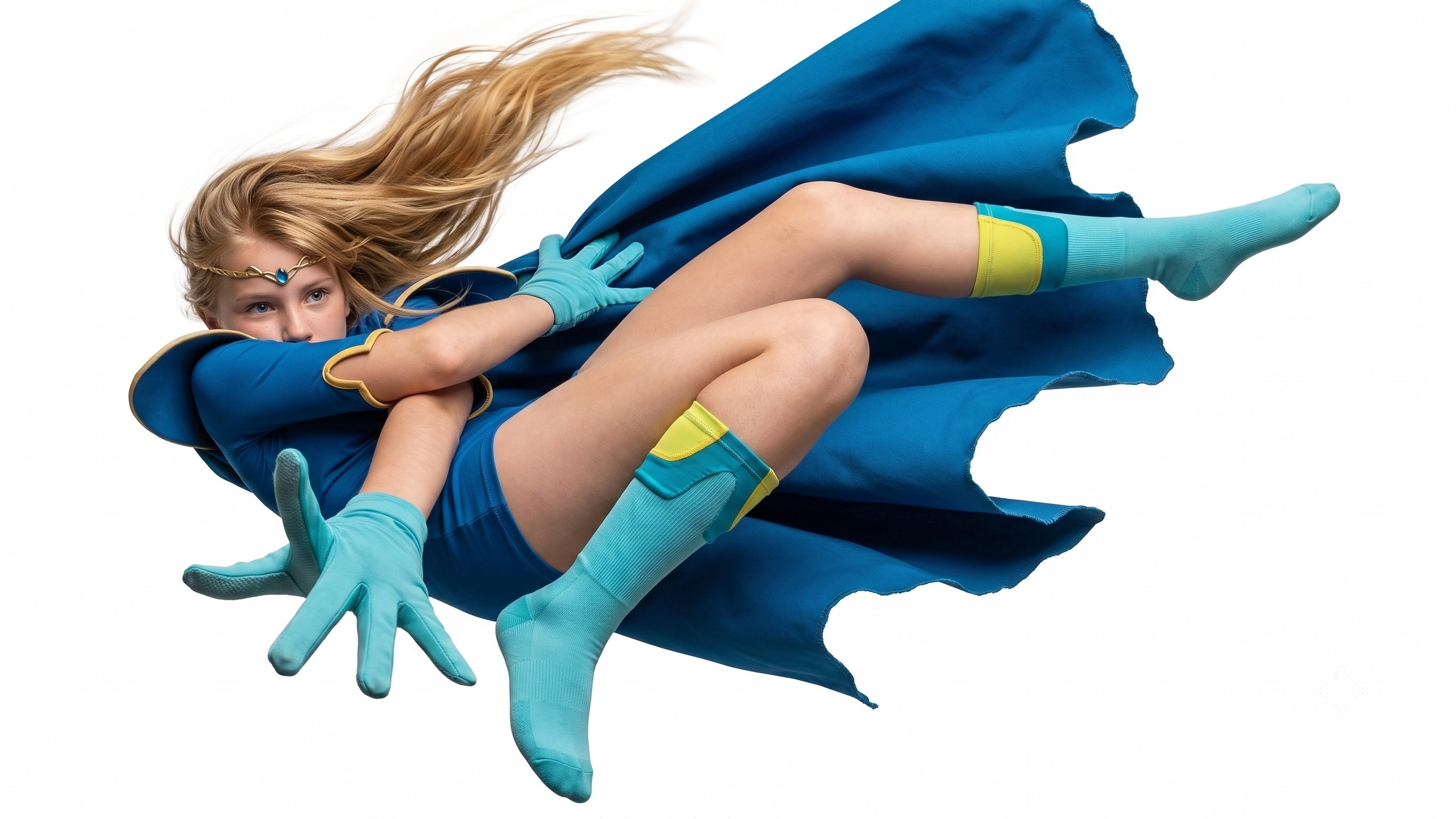 Young blonde girl in blue superhero costume captured mid-flight, flowing cape, against a plain white studio background.