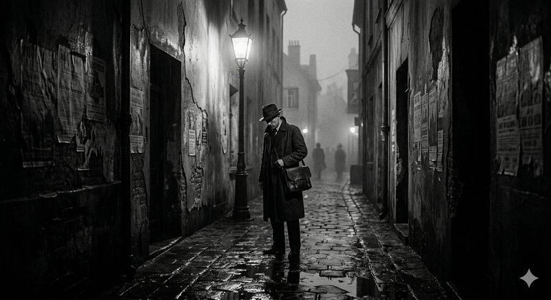 A noir-style man in a trench coat and fedora stands under a street lamp on a foggy, cobblestone alley at night.