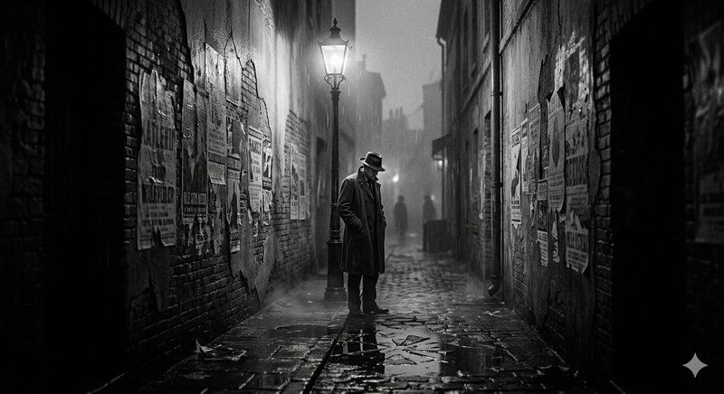 Black-and-white noir alley scene with a man in a coat and hat under a streetlamp on a wet, cobblestone street
