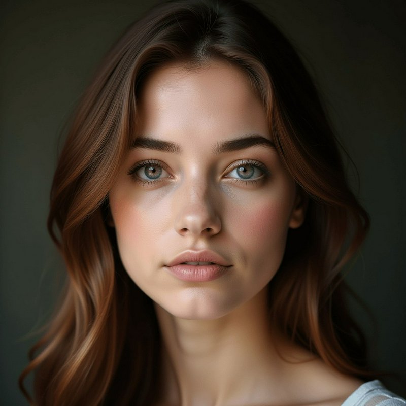 Close-up portrait of a young woman with blue eyes and auburn hair in soft lighting.
