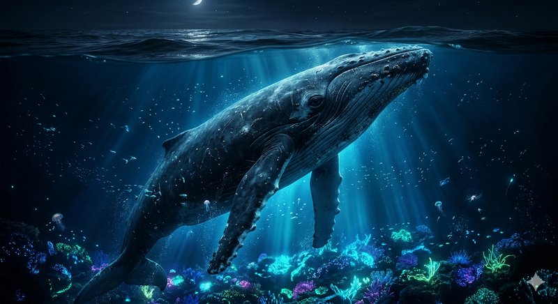 Humpback whale swimming underwater above a vibrant coral reef at night