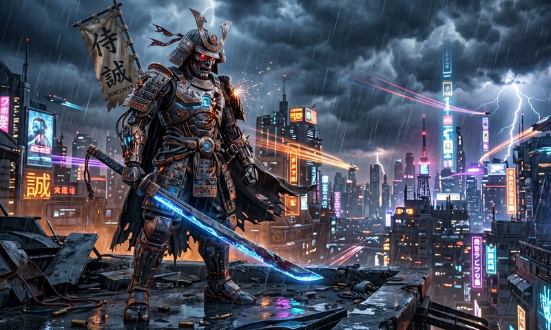 Cyberpunk samurai armor wielding glowing katana in rainy neon cityscape