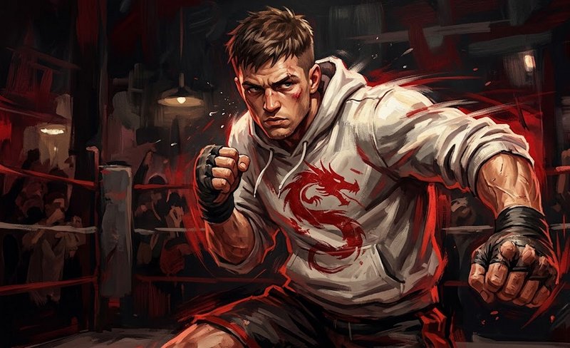 Painting of a bruised underground fighter mid-punch in a boxing ring, wearing a red dragon print white hoodie