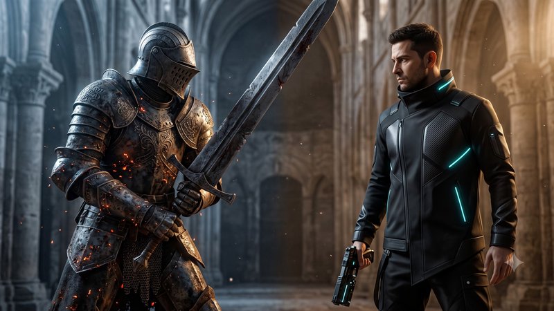 Medieval armored knight with broadsword faces off against futuristic neon-tactical soldier inside...