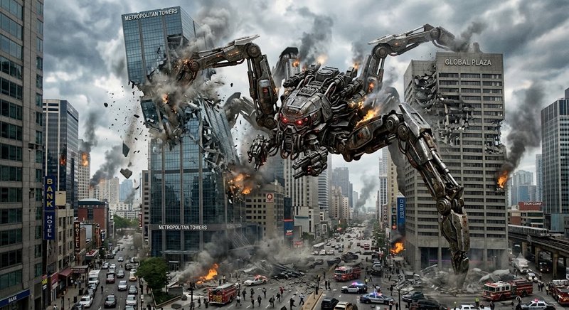 Giant menacing mechanical spider mech destroys downtown skyscrapers amid fires, smoke, and panick...